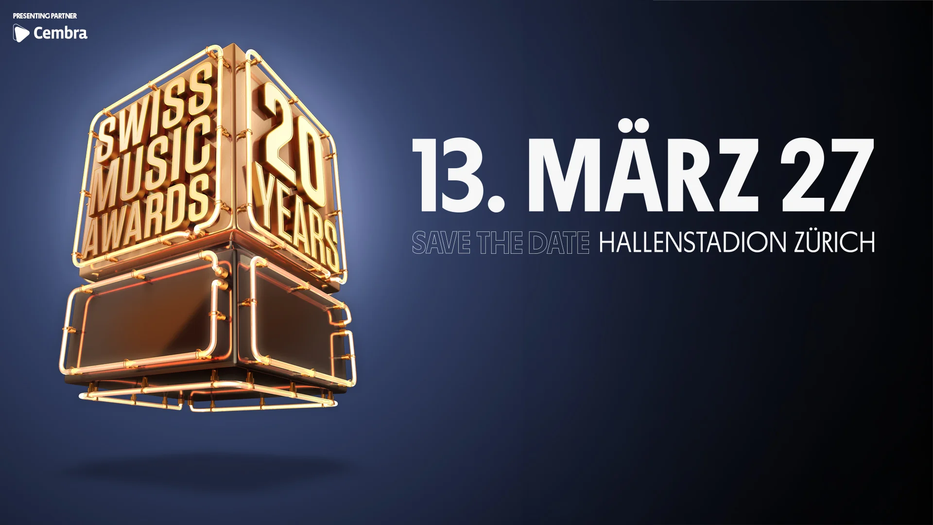 Save the Date: Swiss Music Awards, 20 Years, 13. März 2027, Hallenstadion Zürich. Presenting Partner Cembra